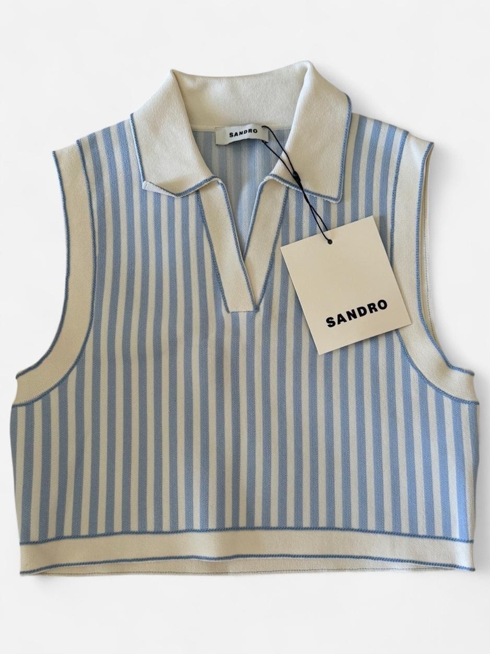 Sandro NWT White & Light Blue Striped Knit Polo Tank
